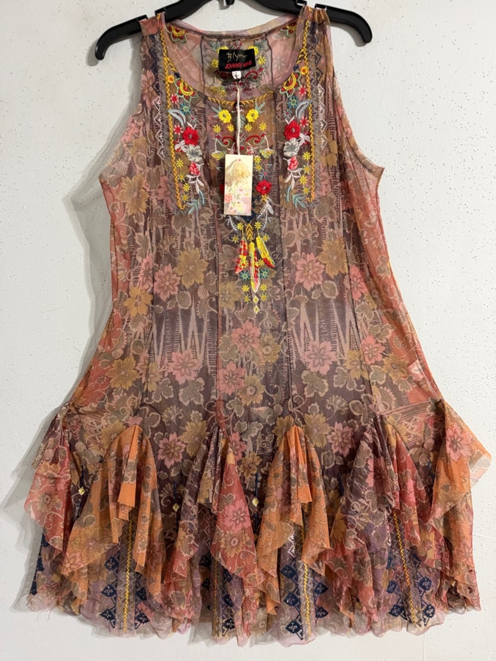 NWT Biya Johnny Was Floral Embroidered Sheer Mini Dress in Multi-Color - Picture 2 of 6